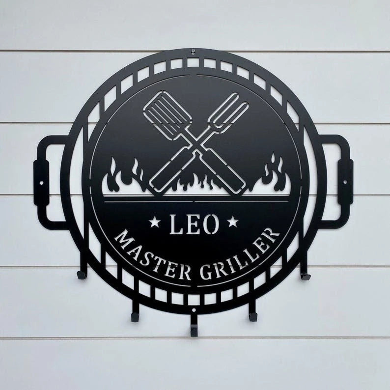 Grill Master Metal Sign With Utensil Hangers Grill Master Name Sign With Metal Hooks For Hanging Grilling Utensils