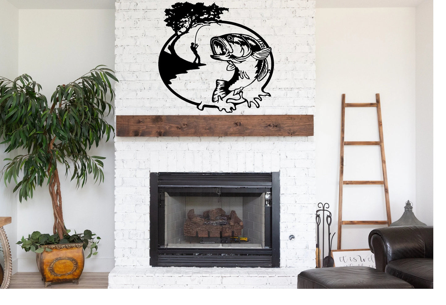 Large Mouth Bass Fishing Scene Metal Sign Cutout Cut Metal Sign Wall Metal Art