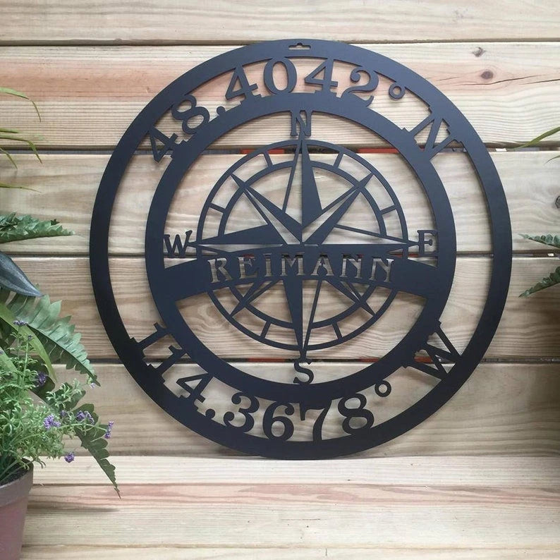 Gps Coordinates Personalized Sign Last Name Sign Established Sign Lake House Decor Last Name Wall Decor Nautical Compass