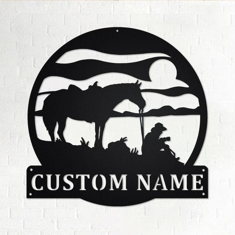 Custom Coffee Break Horse Cowboy Personalized Horse With Cowboy Name Sign Decoration For Room Horse With Cowboy