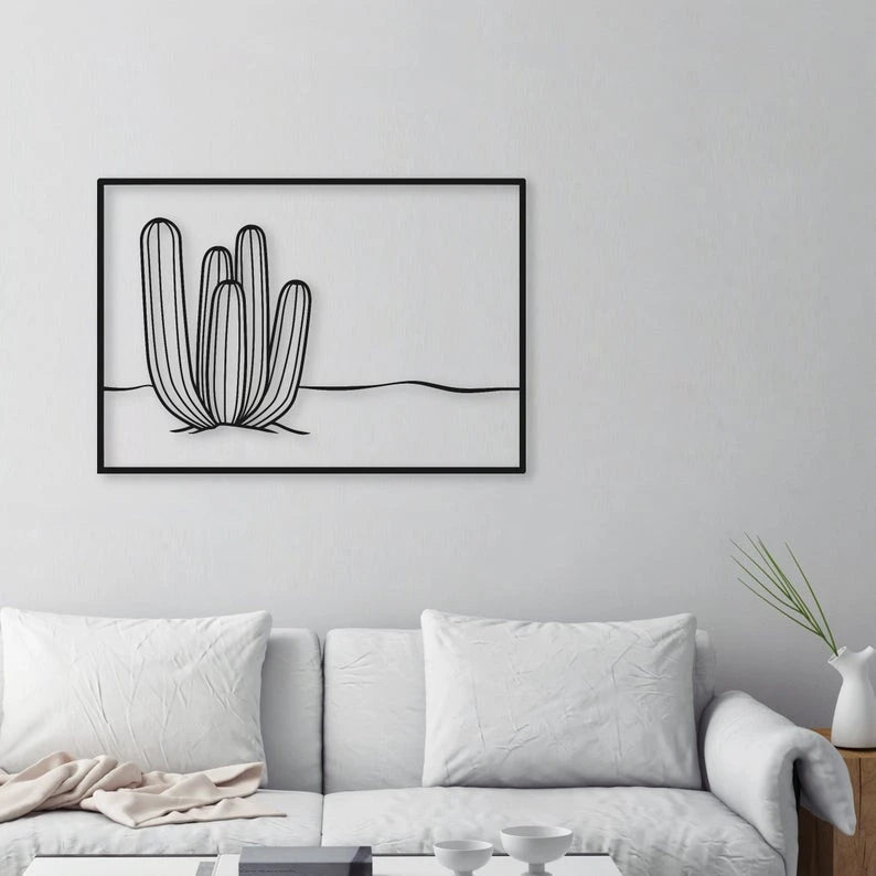 Large Cactus One Line Rectangle Wall Art Decor Cut Metal Sign Laser Cut Metal Signs Custom Gift Ideas