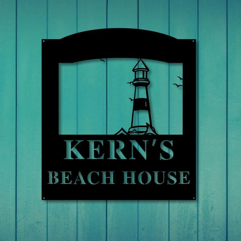 Personalized Lighthouse Beach Sign Metal Beach House Sign Beach House Decor Outdoor Family Sign Outdoor Decor Metal Sign Light House