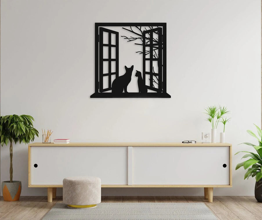 Two Cats Looking Out The Open Window Wall Art Decor Cut Metal Sign Laser Cut Metal Signs Custom Gift Ideas