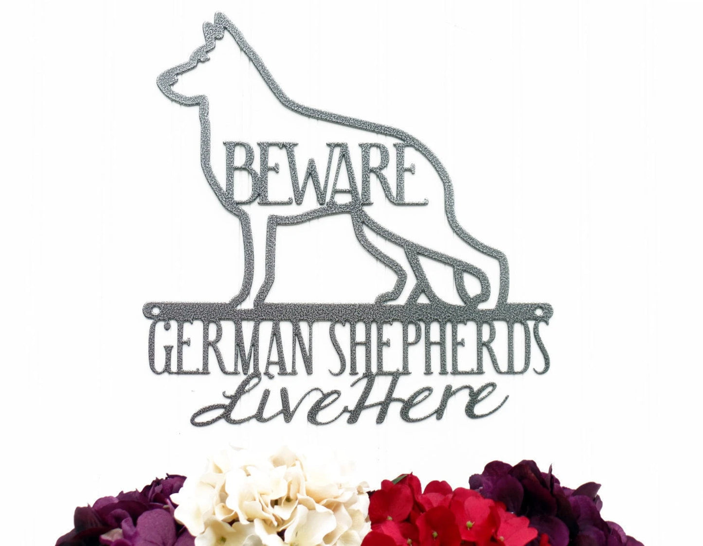 German Shepherds Live Here Metal Sign Silver Metal Sign Dog Sign Door Sign Wall Hanging Wall Plaque