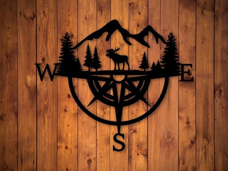Moose Compass Metal Sign Woodland Animal Wall Decoration