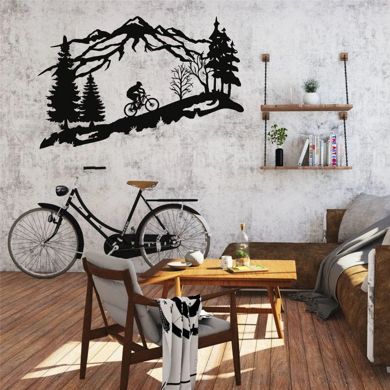 Metal Wall Decor Metal Biker Mountain Tree And Cyclist Bicycle Lover Gift ation Wall Hangings