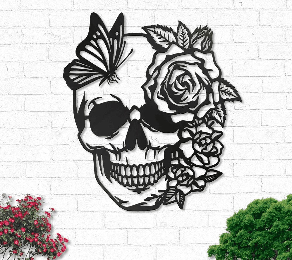 Flower Butterfly Skull Metal House Sign