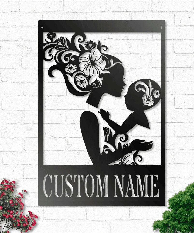 Custom Name Floral Mother And Child Metal House Sign