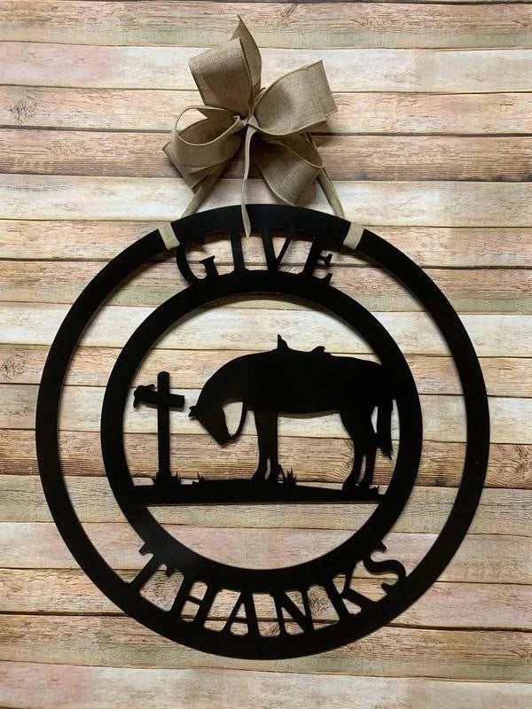 Horse At Cross Personalized Horse Metal Sign, Horseshoe Art, Western Decor, Initial Metal Sign, Housewarming Gift, Farmhouse Decor Metal Wall Art, Metal Laser Cut Metal Signs Custom Gift Ideas