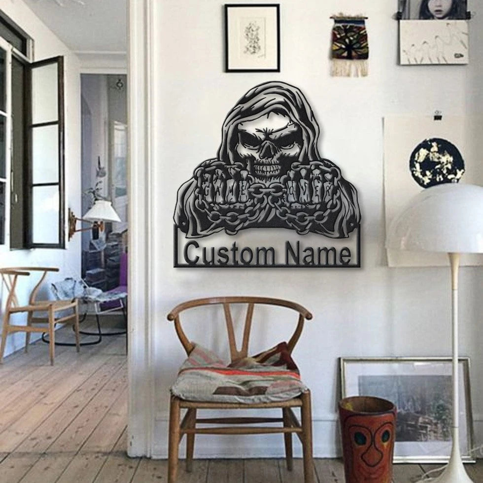Personalized Grim Reaper Skull Skeleton Metal Sign Art, Custom Skull Skeleton Monogram Metal Sign, Skull Gifts Funny, Hobbie Gift Laser Cut Metal Signs Custom Gift Ideas
