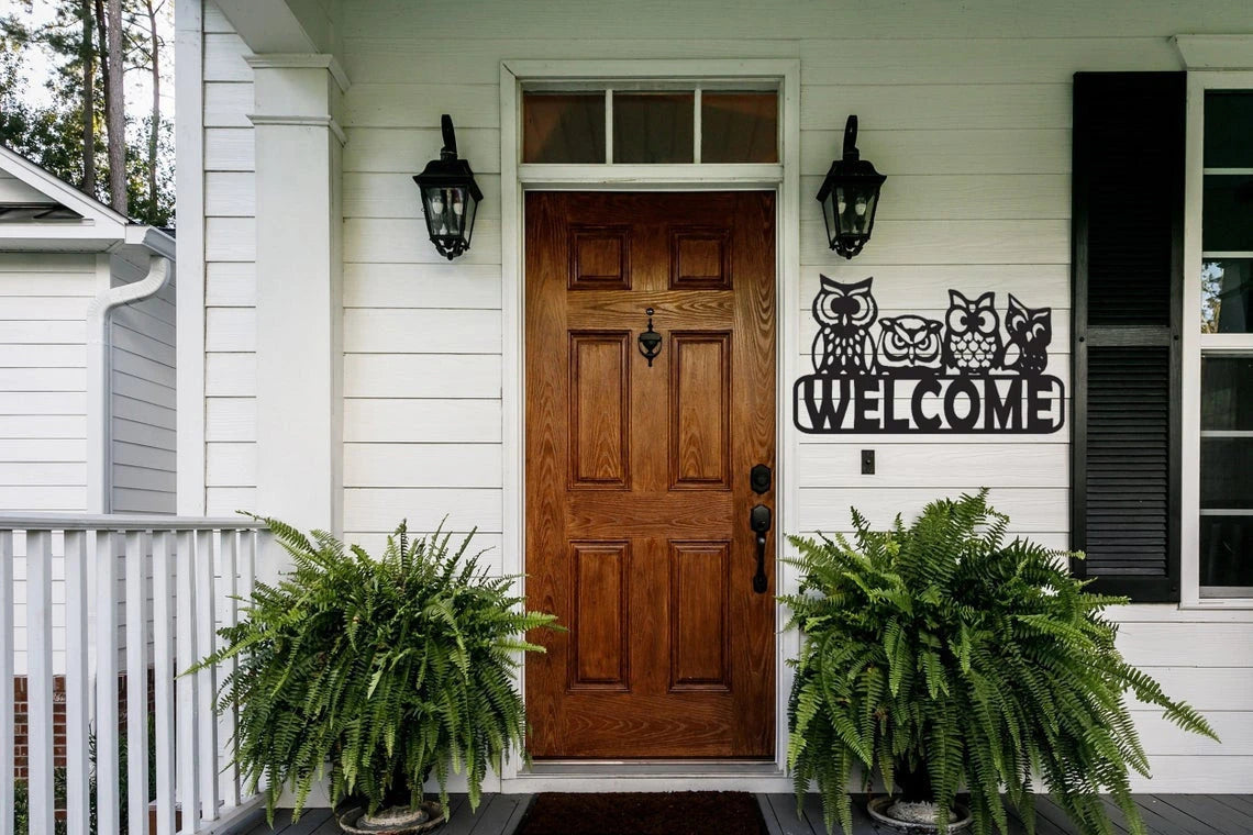 Welcome Front Door Home Decoration With Owls Cut Metal Sign Laser Cut Metal Signs Custom Gift Ideas
