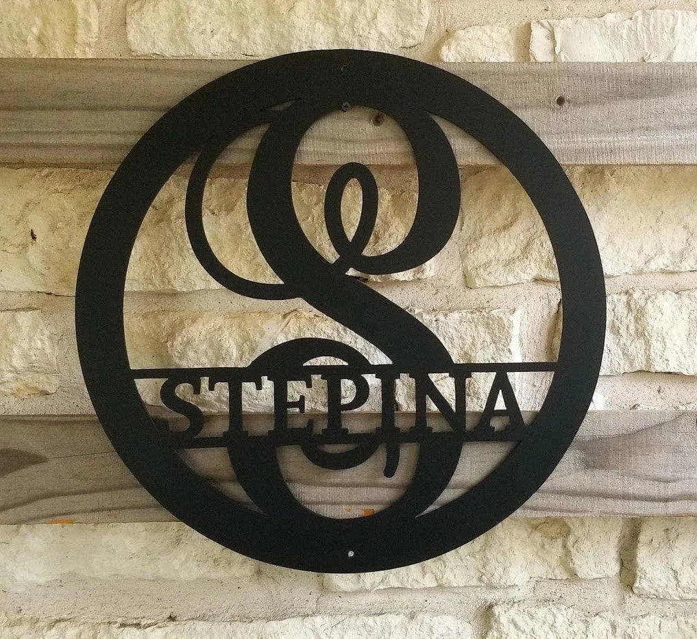 Custom Monogram, Metal Wall Art, Personalized Name Circle Monogram Cursive Font, Plasma Cut Steel Sign ,steel Art, Powder Coated, Handmade Laser Cut Metal Signs Custom Gift Ideas