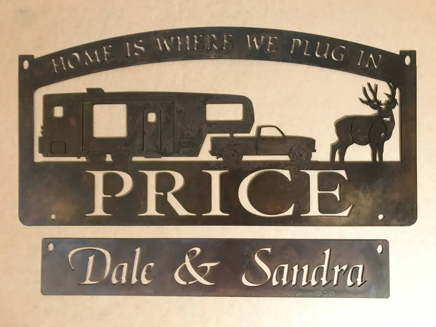 Personalized, Metal Sign With Camper And Pickup Truck And Buck, Metal Wall Art, Metal House Sign, Metal Laser Cut Metal Signs Custom Gift Ideas