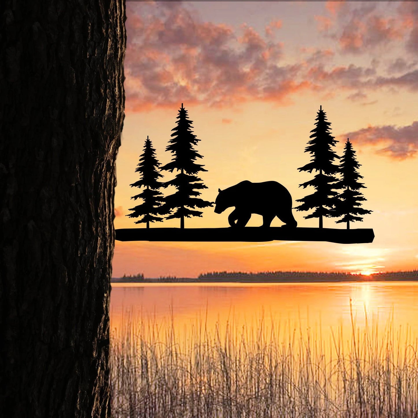 Bear In Forrest Metal Tree Stake, Cabin Decor, Gift For Bear Lovers Laser Cut Metal Signs Custom Gift Ideas