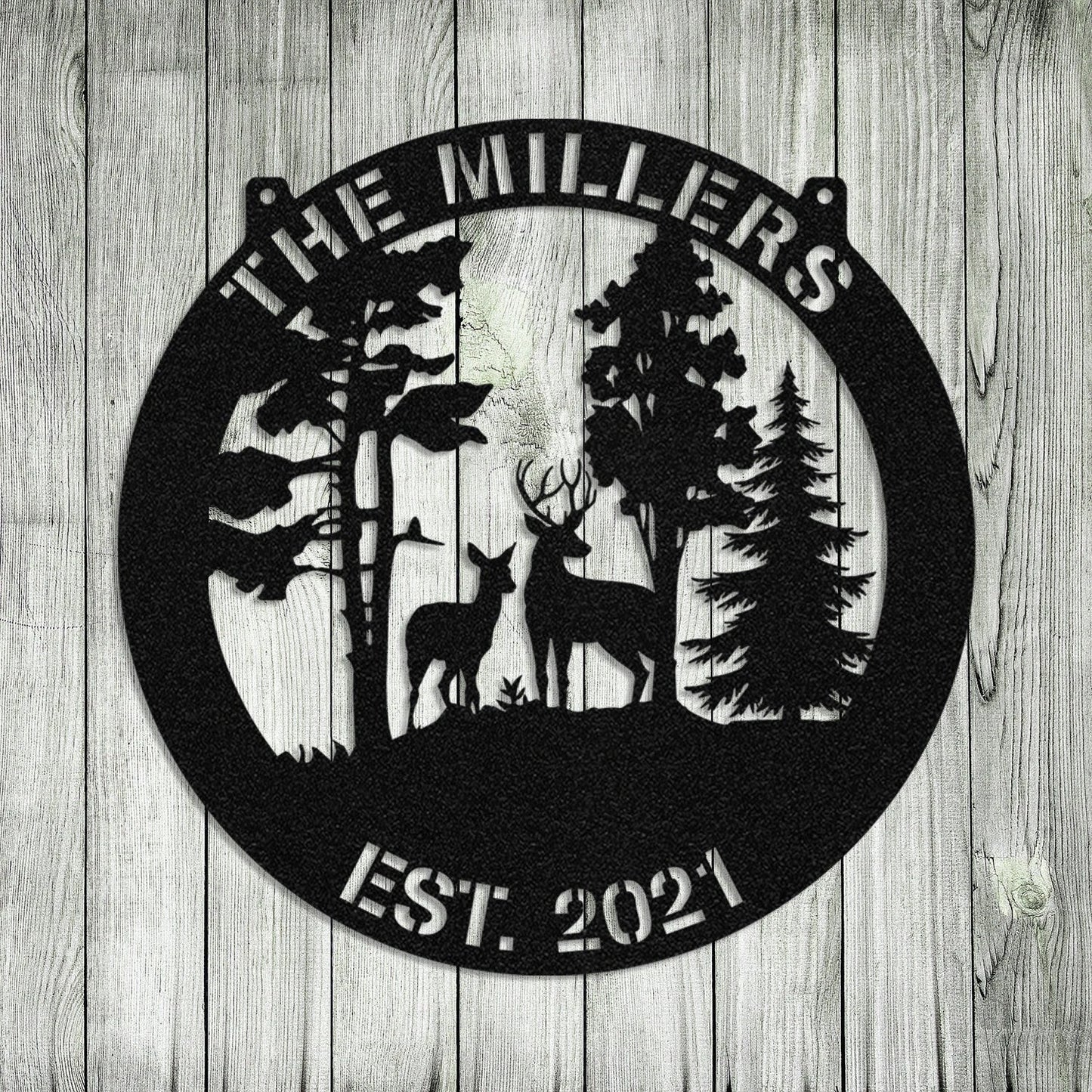 Personalized Family Name Date Deer Doe Hunting Metal Sign Monogram, Custom Outdoor Cabin, Lodge, Camp, Metal Laser Cut Metal Signs Custom Gift Ideas