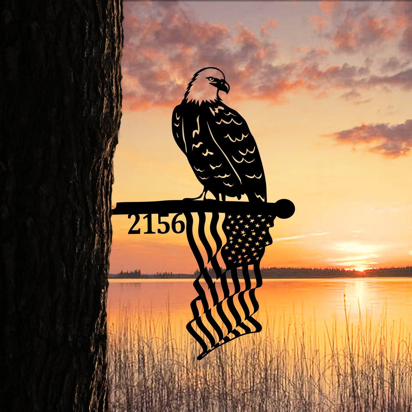 Customized Address Number Eagle American Flag Metal Tree Stake, Gift For Dad Laser Cut Metal Signs Custom Gift Ideas