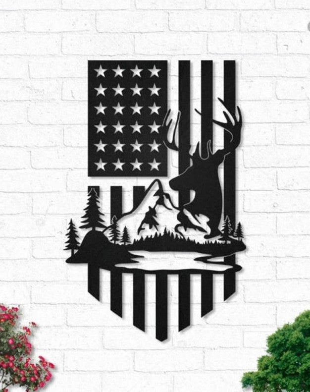 Hunting Deer and mountain American flag Cut Metal Sign Laser Cut Metal Signs Custom Gift Ideas