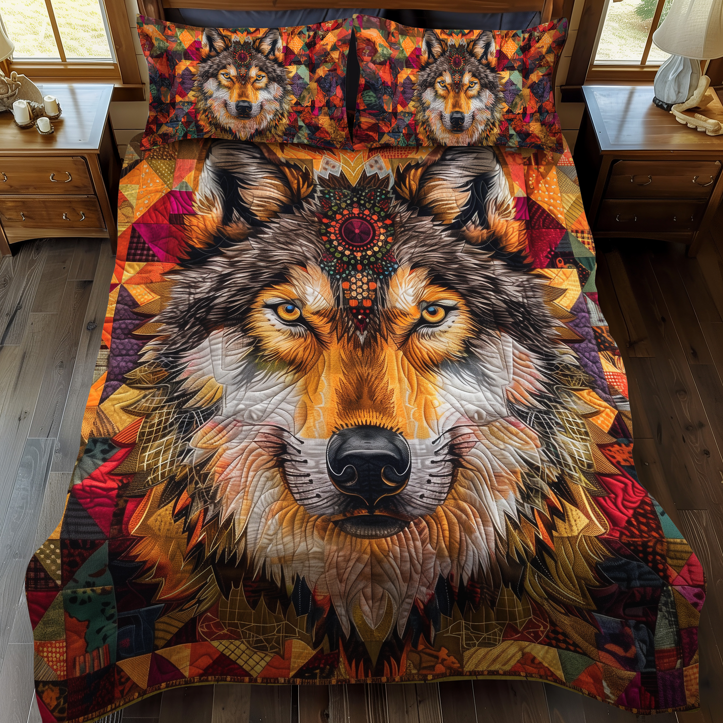 Wolf Native 3-Piece Quilted Bedding Set - Single (59" x 70")