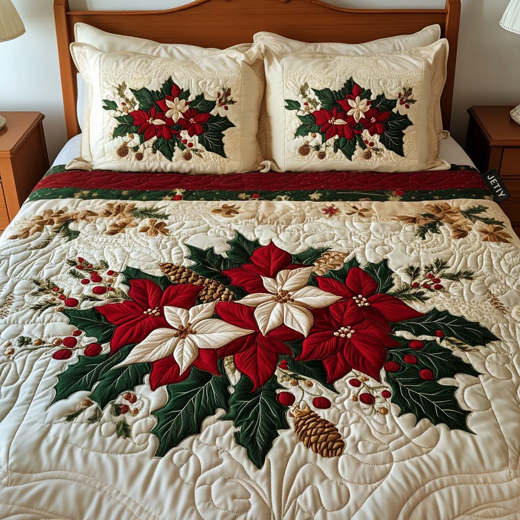 Poinsettia Charm 3-Piece Quilted Bedding Set - Single (59" x 70")