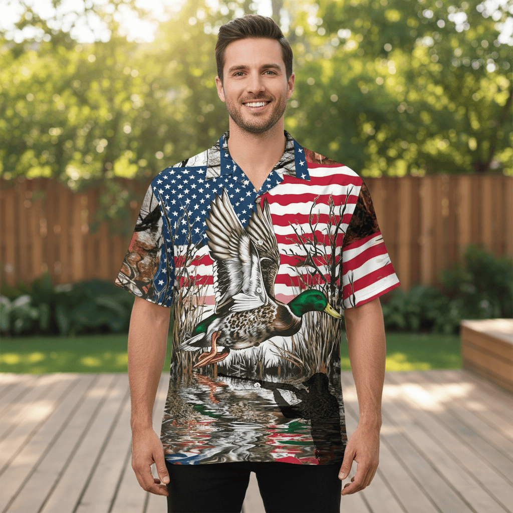 America Mallard Duck Hunting Camo Hawaiian Shirt
