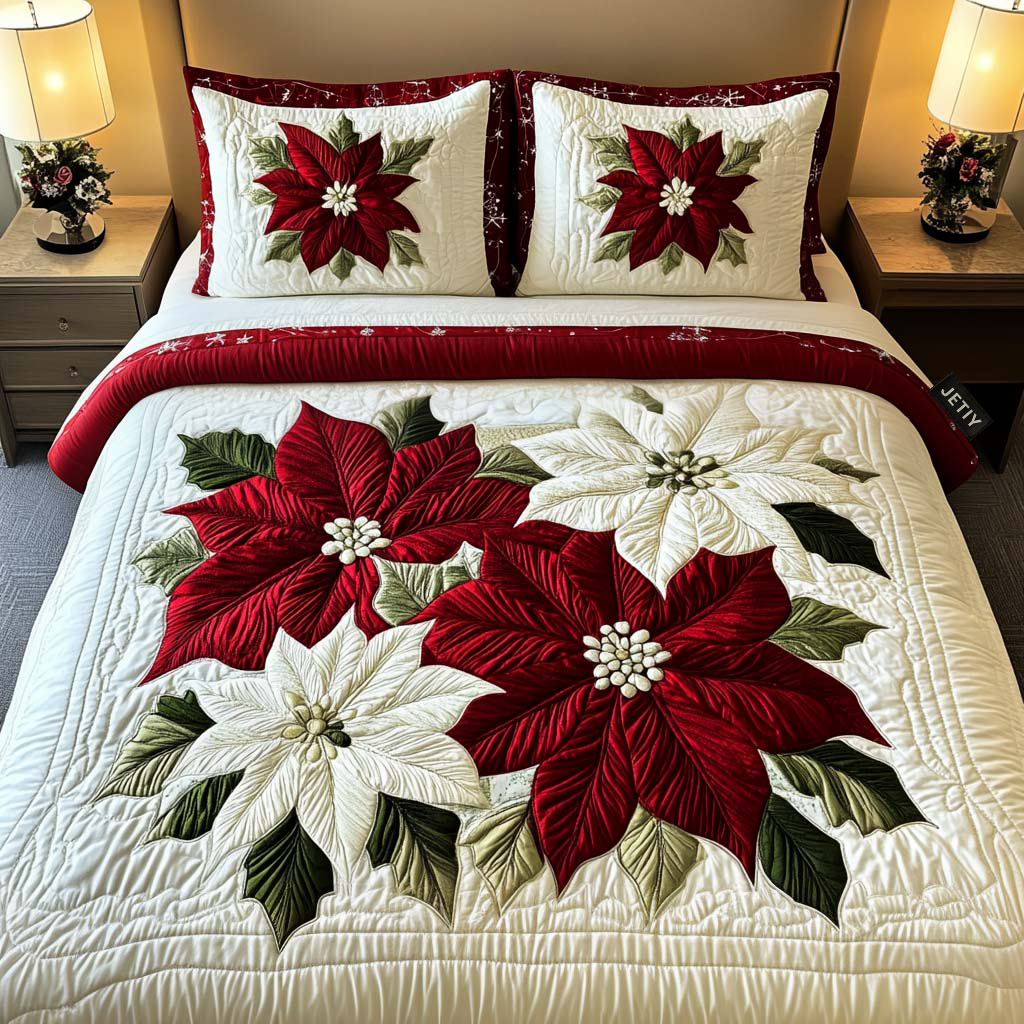 Winter Poinsettia Magic 3-Piece Quilted Bedding Set - Single (59" x 70")