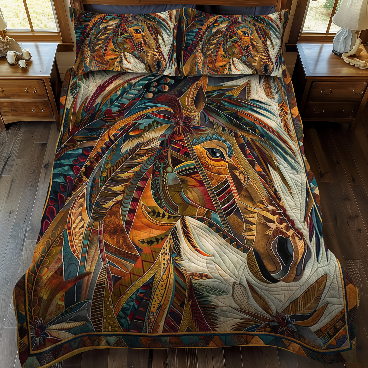 Horse Native 3-Piece Quilted Bedding Set - Single (59" x 70")