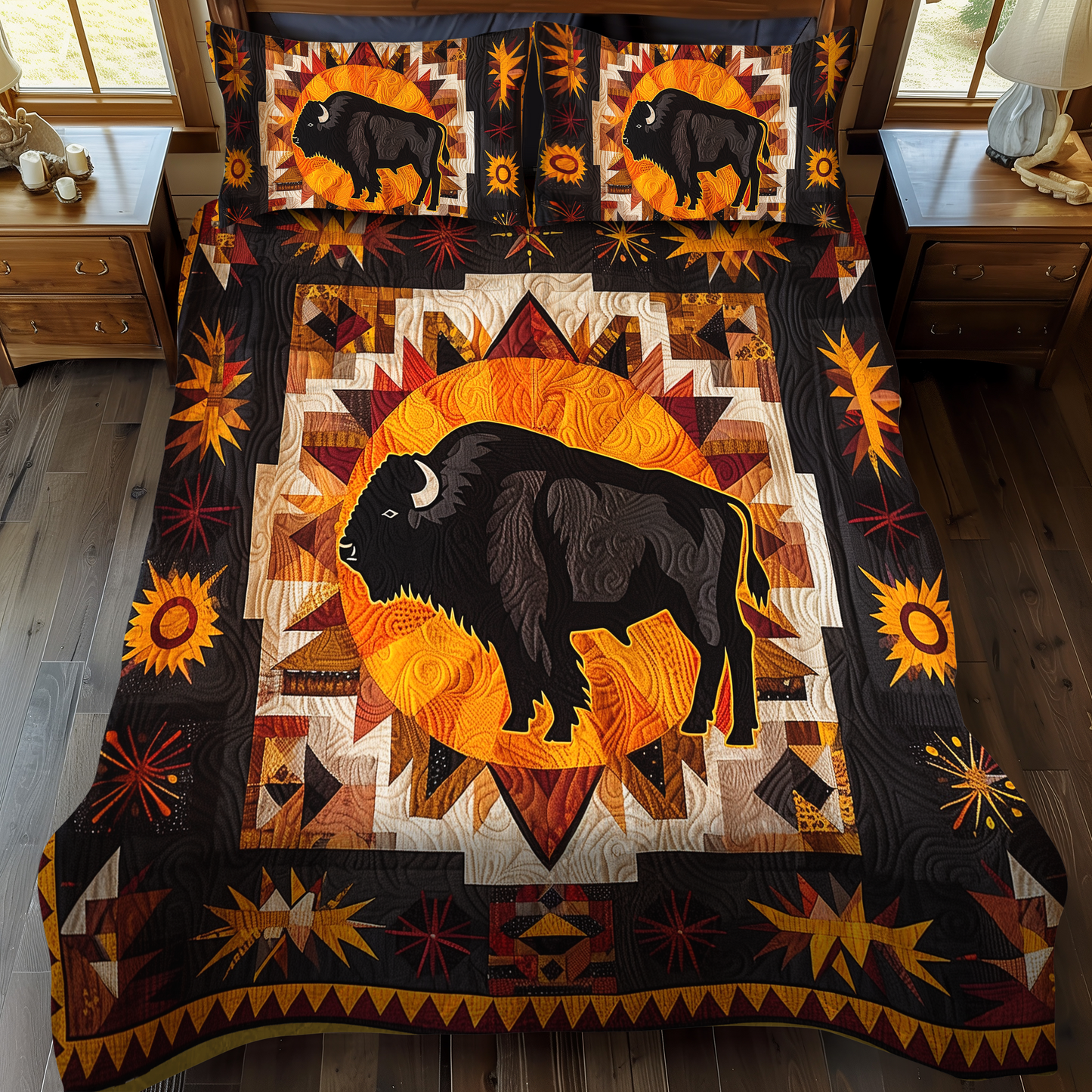 Sunburst Bison 3-Piece Quilted Bedding Set - Single (59" x 70")