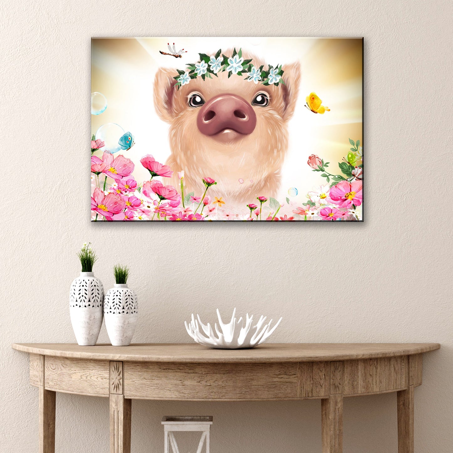 Flower Crown Pig Canvas Wall Art