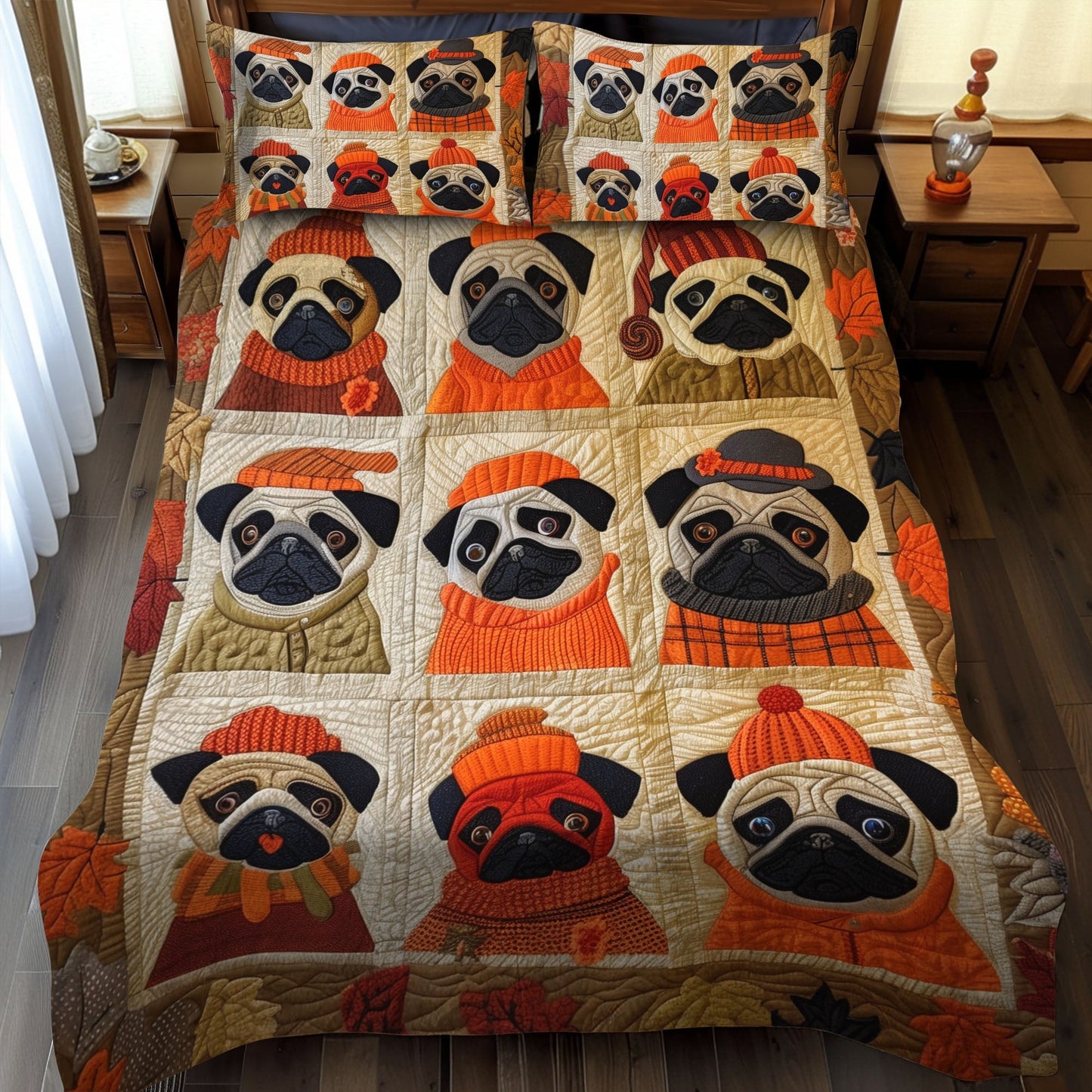 Adorable Pugs 3-Piece Quilted Bedding Set - Single (59" x 70")