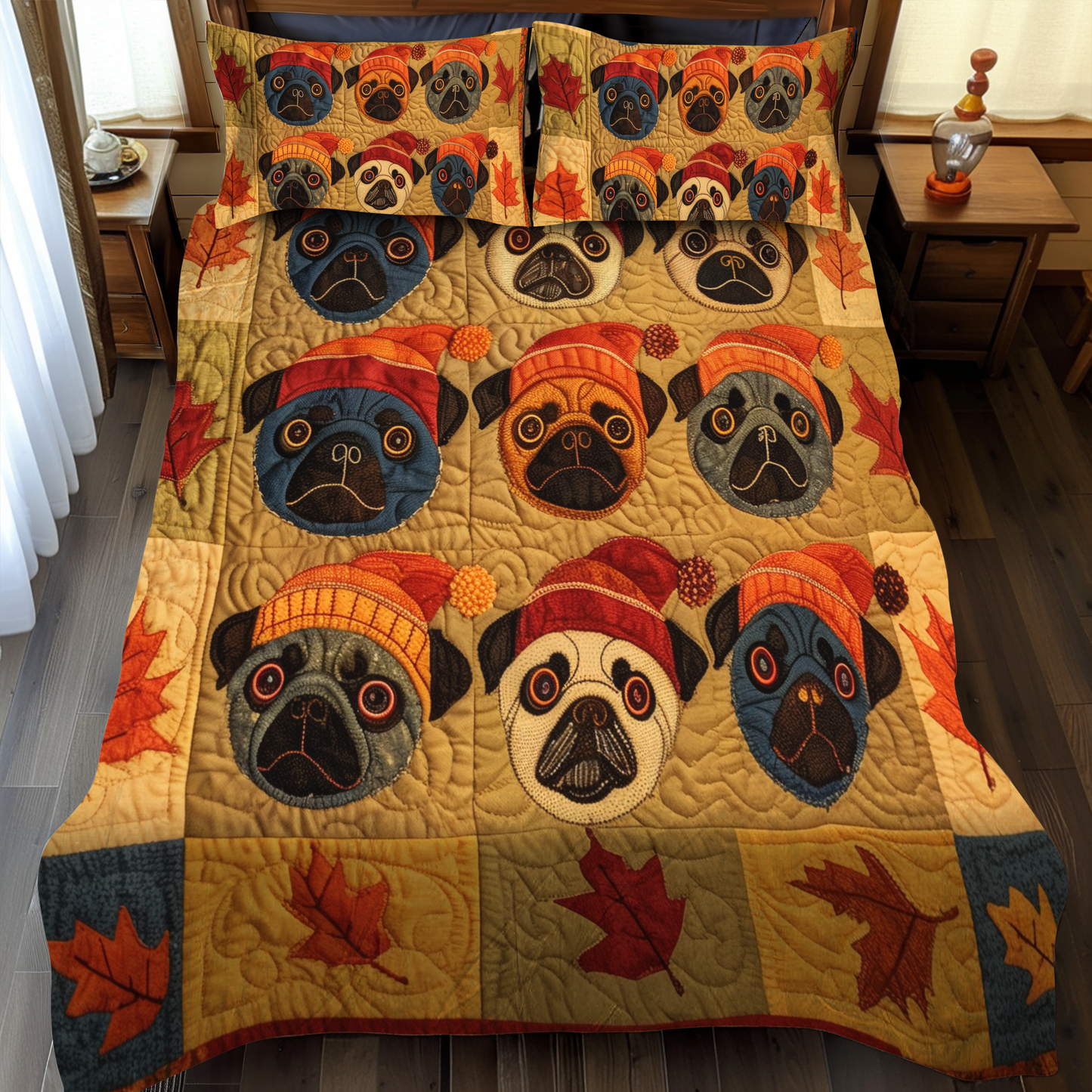 Adorable Pugs 3-Piece Quilted Bedding Set - Single (59" x 70")