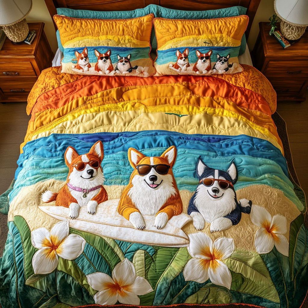 Aloha Corgi Surf 3-Piece Quilted Bedding Set - Single (59" x 70")