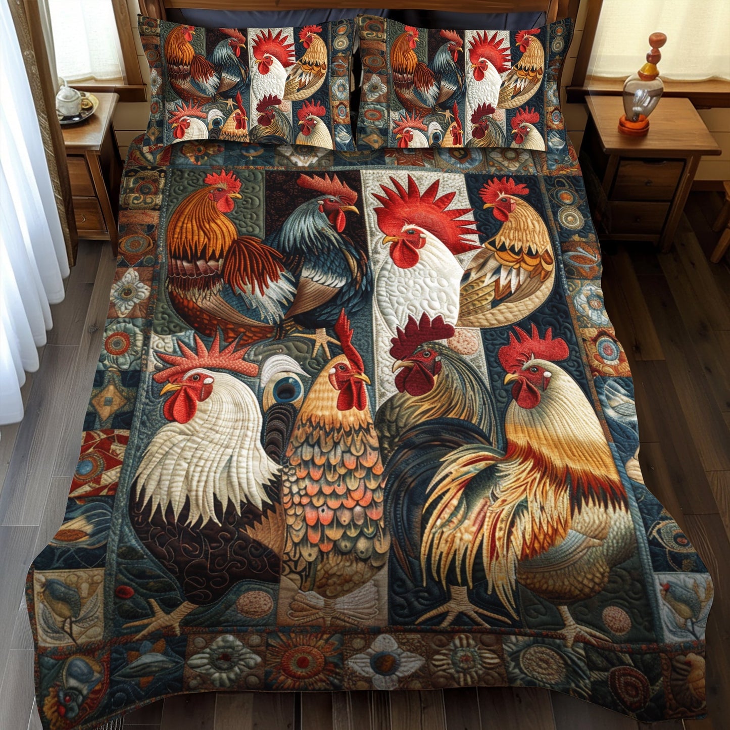 Antique Rooster 3-Piece Quilted Bedding Set - Single (59" x 70")