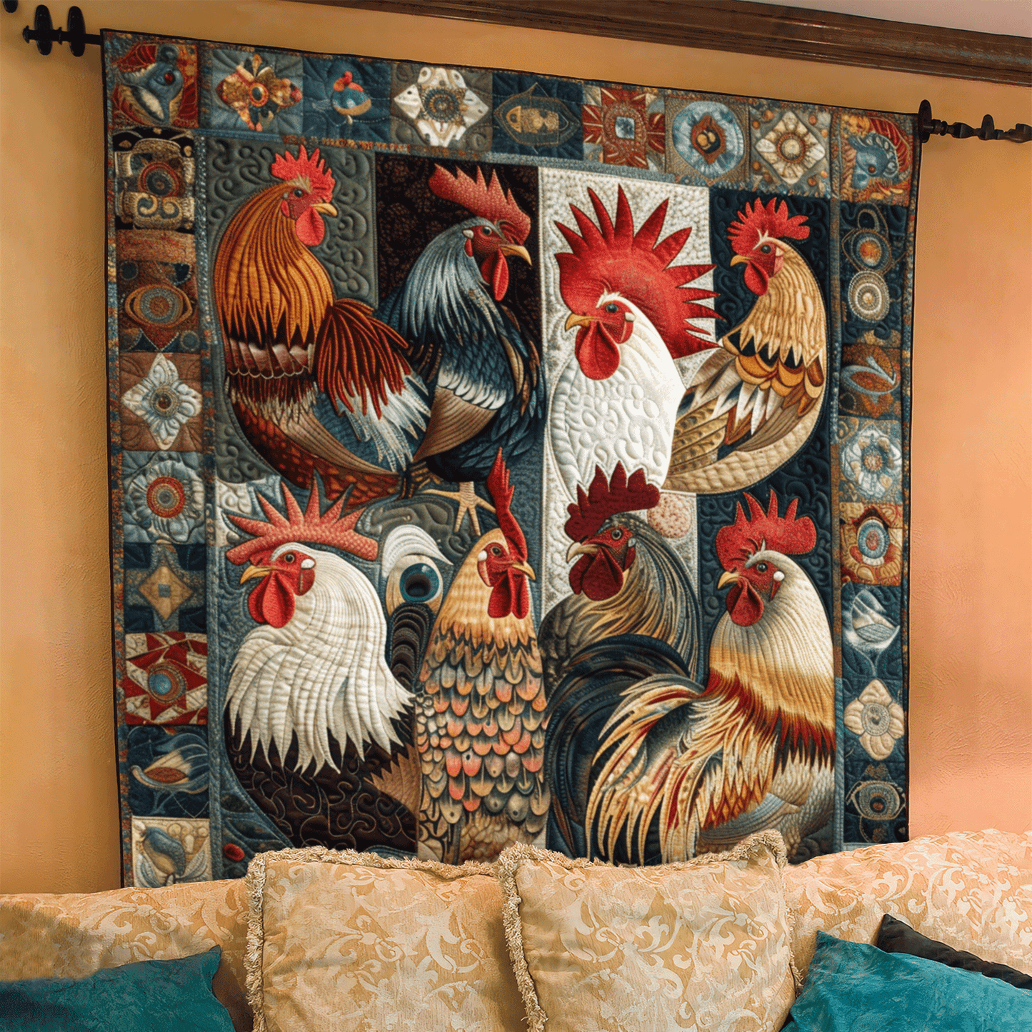 Antique Rooster Quilted Blanket - Throw (55" x 60")