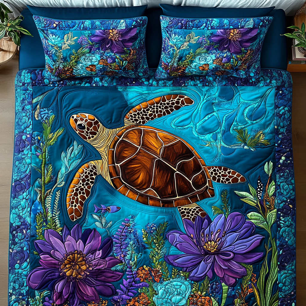 Aqua Flora Quilted Bedding Set - Single (59" x 70")