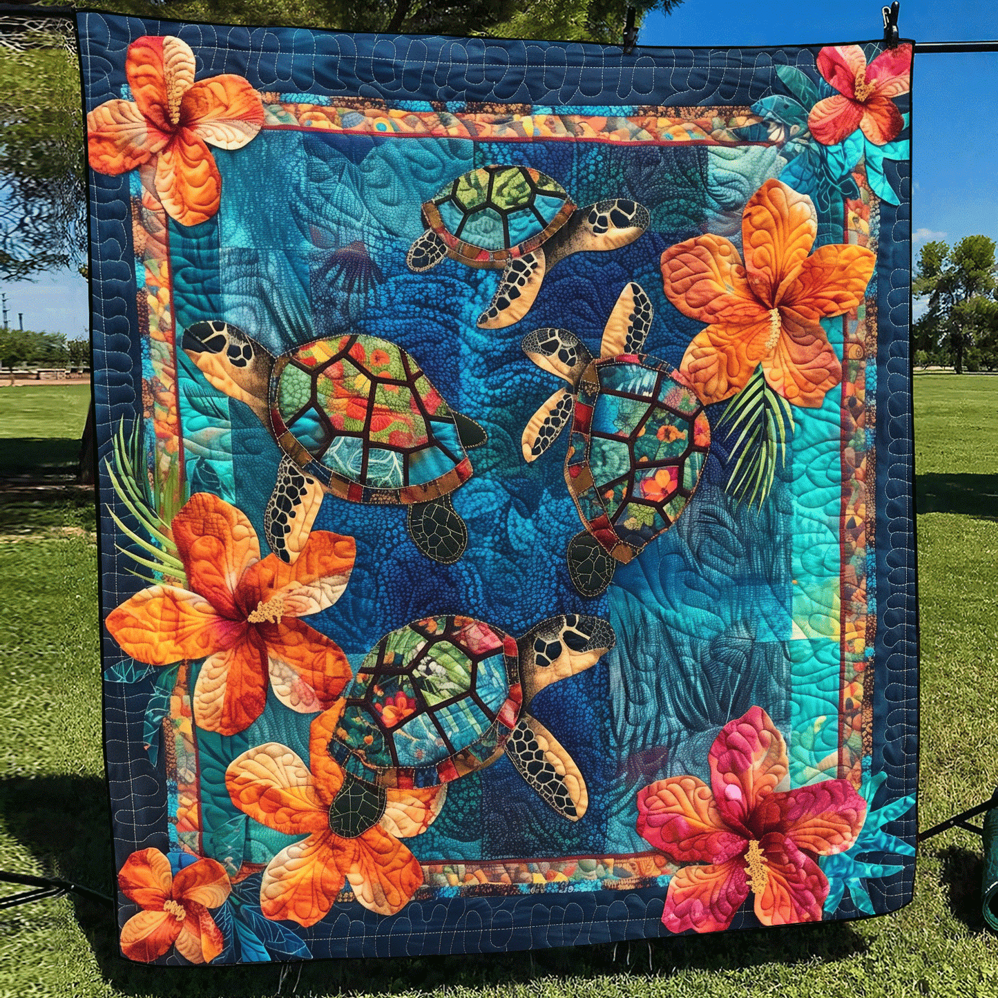 Aqua Turtle Quilted Blanket - Throw (55" x 60")