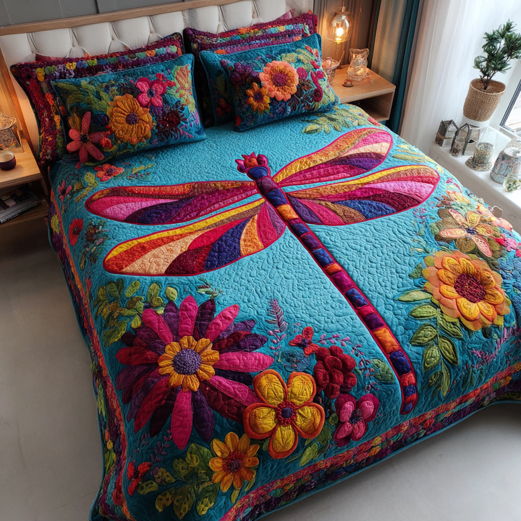 Aqua Dragonfly 3-Piece Quilted Bedding Set - Single (59" x 70")