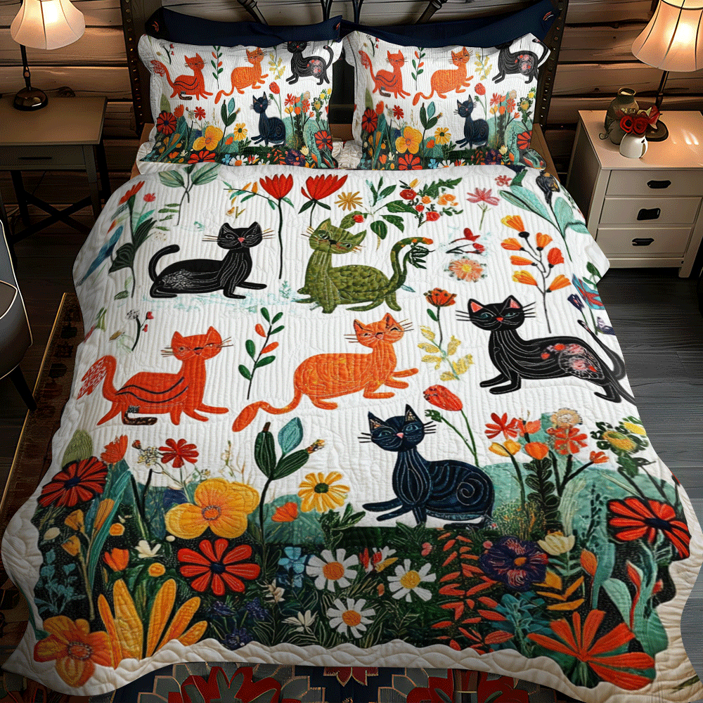 Artistic Cat-Themed 3-Piece Quilted Bedding Set - Single (59" x 70")