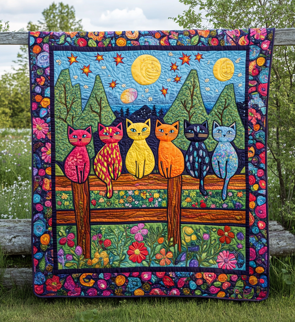 Artistic Night Cat Quilted Blanket - Throw (55" x 60")