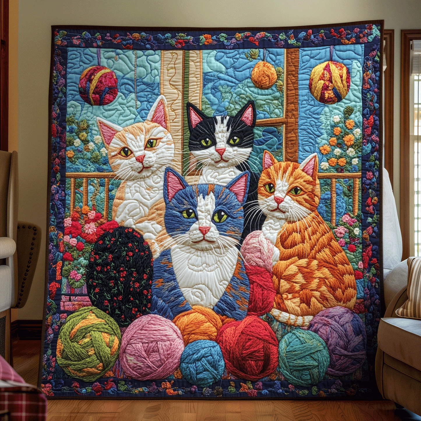 Artistic Cat-Themed Quilted Blanket - Throw (55" x 60")