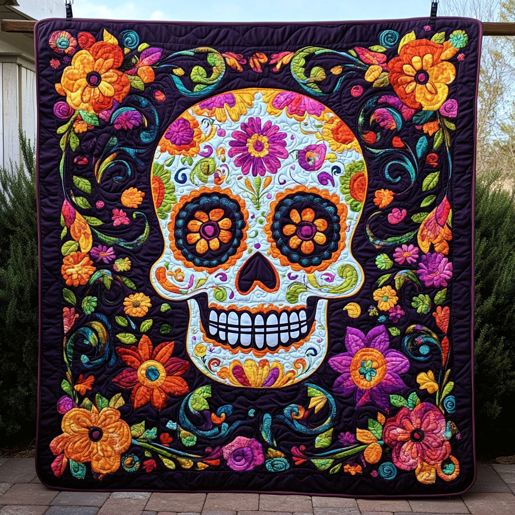Artistic Sugar Skull Quilted Blanket - Throw (55" x 60")