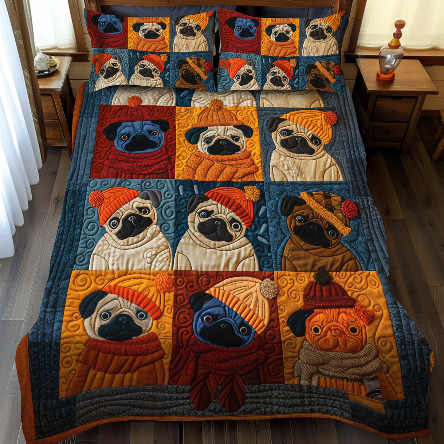 Autumn Pugs 3-Piece Quilted Bedding Set - Single (59" x 70")