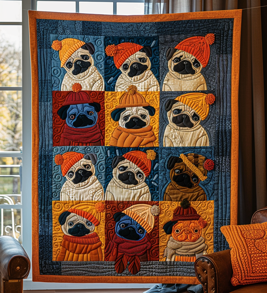 Autumn Pugs Quilted Blanket - Throw (55" x 60")
