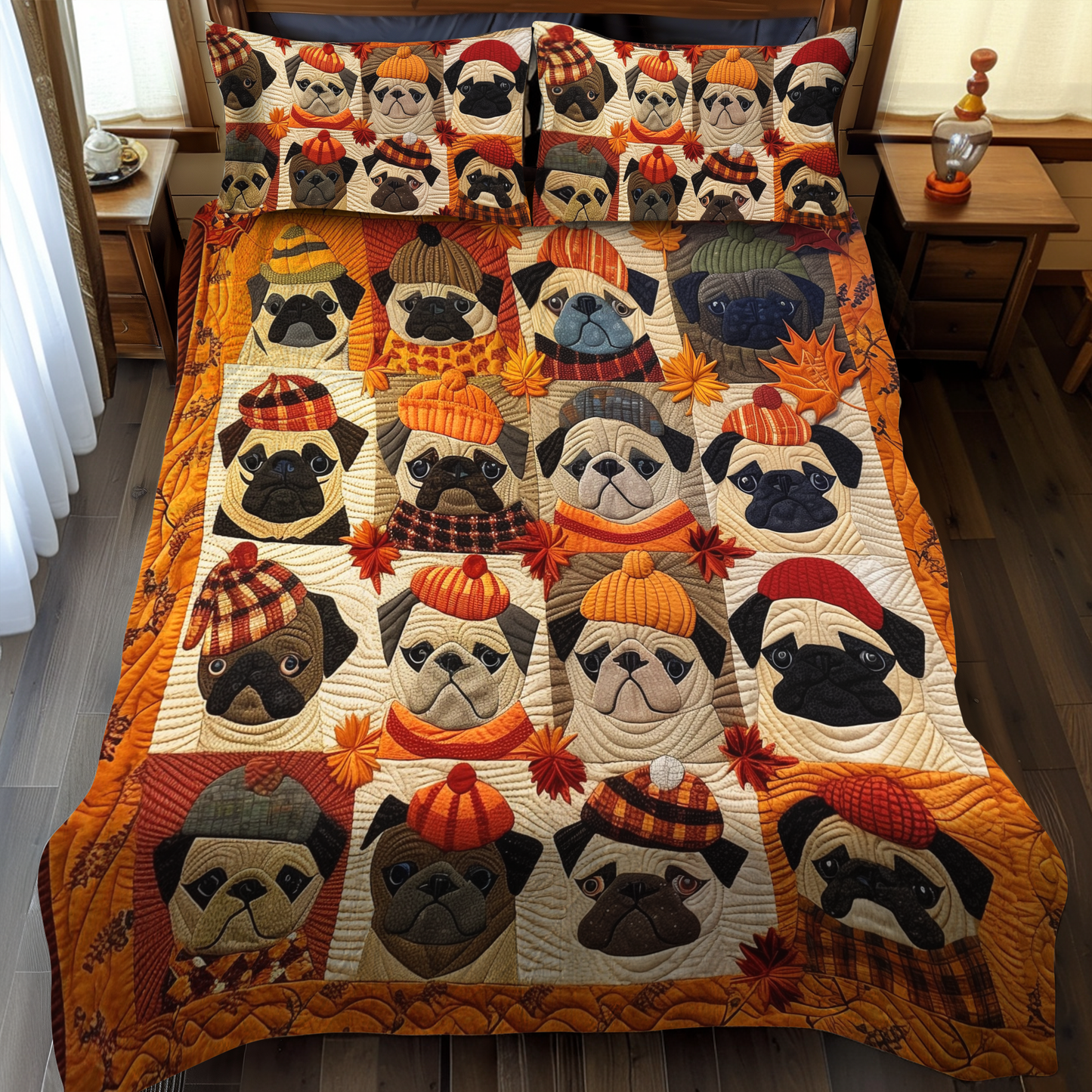 Autumn Vibe Pugs 3-Piece Quilted Bedding Set - Single (59" x 70")