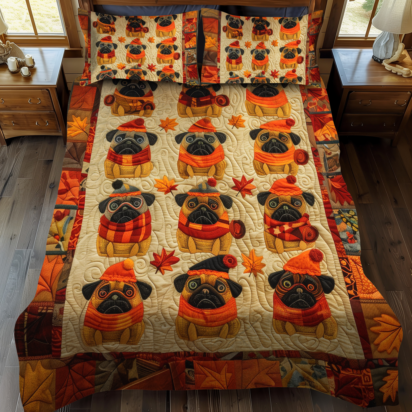 Autumn Vibe Pugs 3-Piece Quilted Bedding Set - Single (59" x 70")