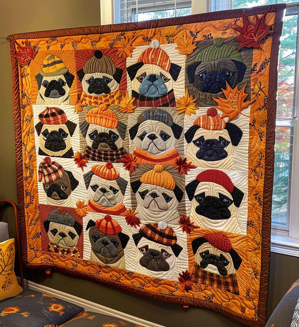 Autumn Vibe Pugs Quilted Blanket - Throw (55" x 60")