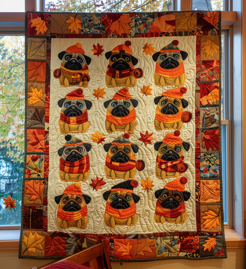 Autumn Vibe Pugs Quilted Blanket - Throw (55" x 60")