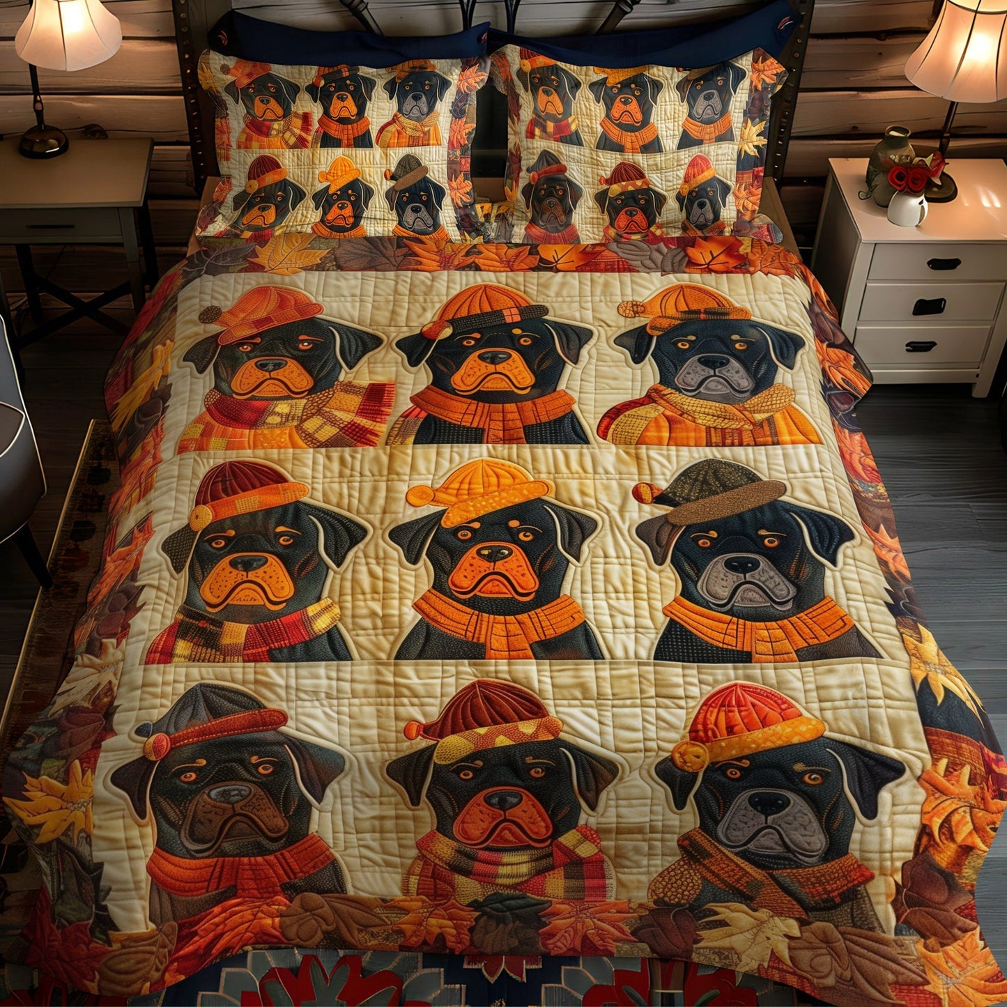 Autumn Leaves and Rottweiler Love 3-Piece Quilted Bedding Set - Single (59" x 70")