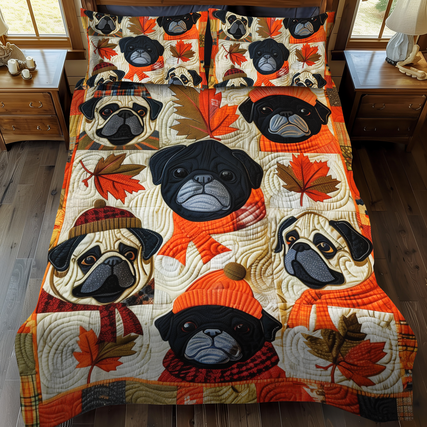 Autumn Pugs 3-Piece Quilted Bedding Set - Single (59" x 70")