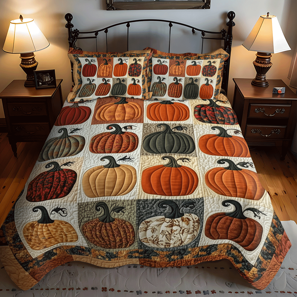 Autumn Pumpkins 3-Piece Quilted Bedding Set - Single (59" x 70")