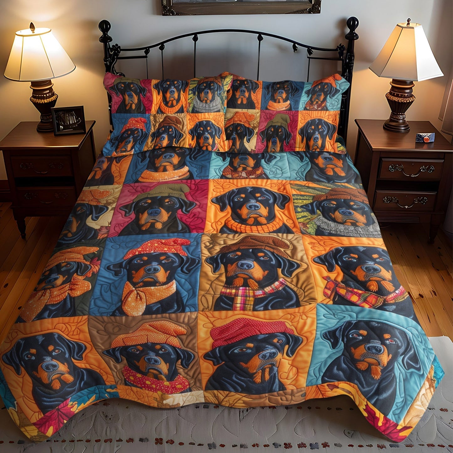 Autumn Rottweiler Retreat 3-Piece Quilted Bedding Set - Single (59" x 70")